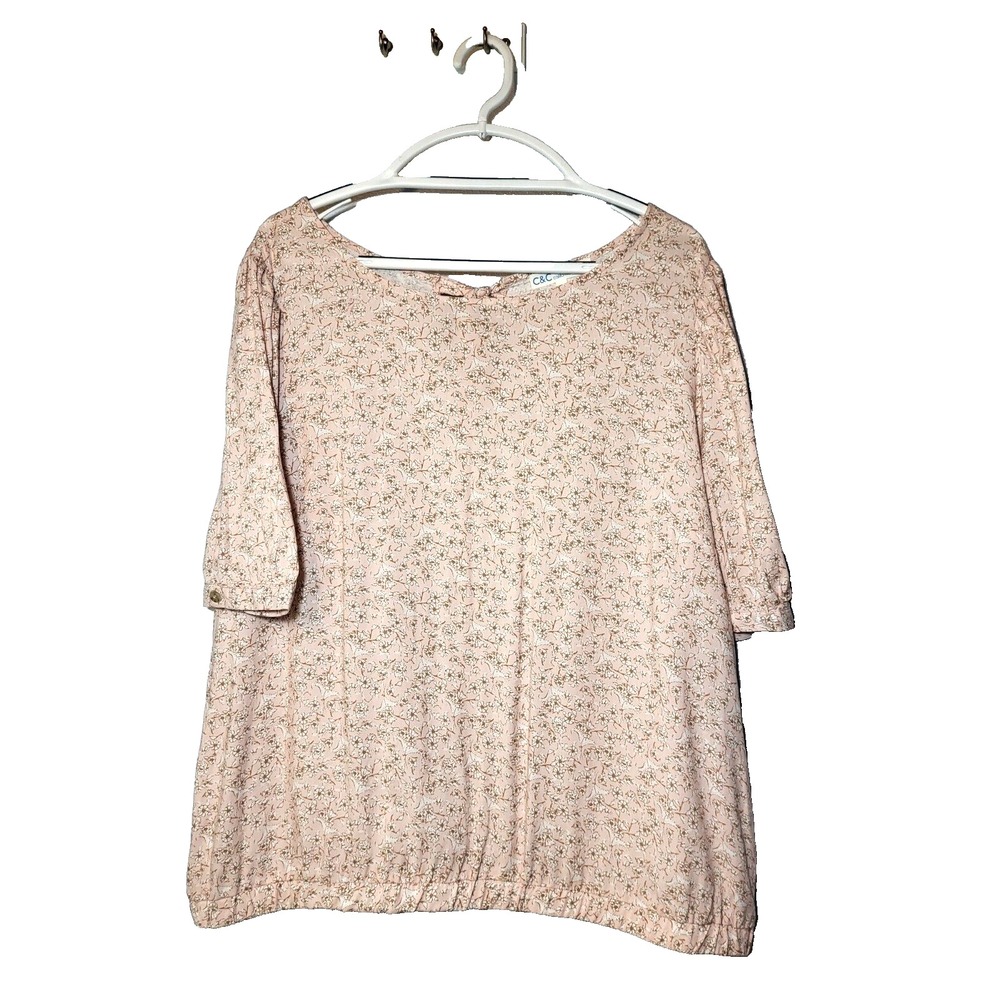 C & C California Pink White Floral Puff‎ Sleeve Elastic Waist Top XL Cottagecore